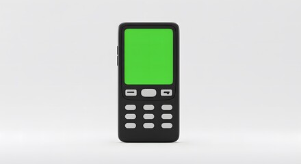 Obraz premium Black feature phone with a green screen on a light gray background.