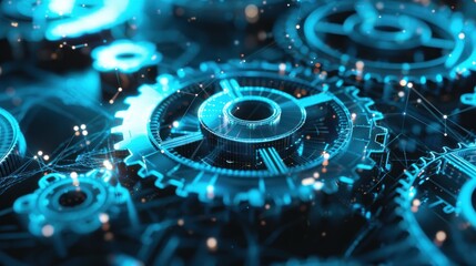 Glowing gears network, digital backdrop, technology concept