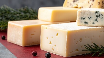 Assortment of various hard and semi-hard cheeses, stacked and ready to be served.  Close-up view of the textures and colors of different types of cheese