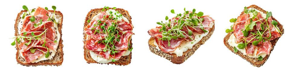 Four openfaced sandwiches with cured meat and fresh sprouts.