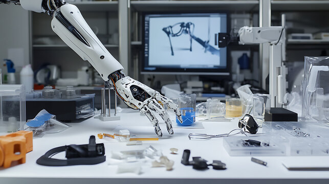 A robotic arm assembling an AI powered robotic prosthetic arm in a bioengineering lab, surrounded by material testing devices and movement simulation software, Medical robotics style
