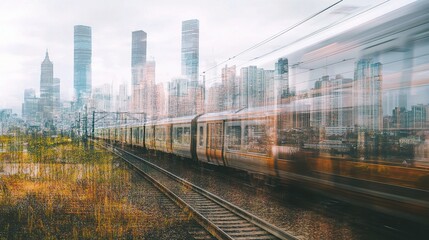 Fototapeta premium Dynamic City Skyline Overlaid with Train in Urban Landscape