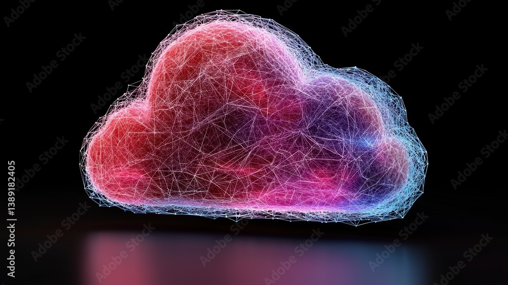 Poster A futuristic cloud representation illustrating technology and data transfer, showcasing vibrant colors and intricate designs.