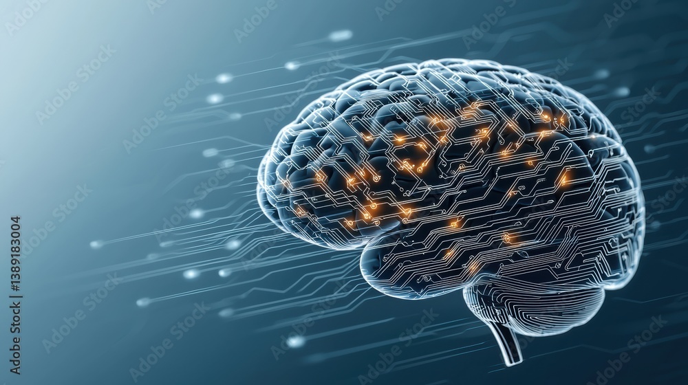 Poster A futuristic illustration of a human brain with circuits, symbolizing advanced technology and artificial intelligence.