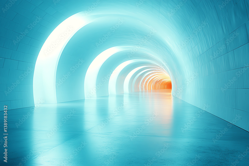 Poster A futuristic tunnel illuminated by soft blue lighting, creating a serene and mesmerizing atmosphere that invites exploration.
