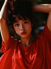 An elegant woman in red