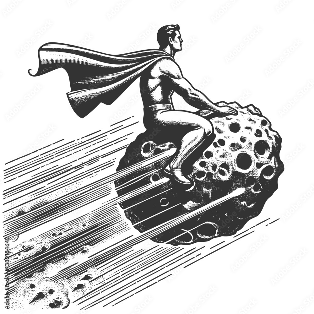 Poster muscular superhero in cape riding a speeding asteroid through space with dramatic motion lines sketc