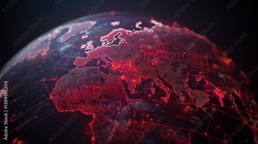 Poster A high-resolution digital globe showcasing a vibrant red network, symbolizing global connectivity and technology advancements.