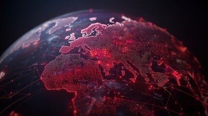 A high-resolution digital globe showcasing a vibrant red network, symbolizing global connectivity and technology advancements.