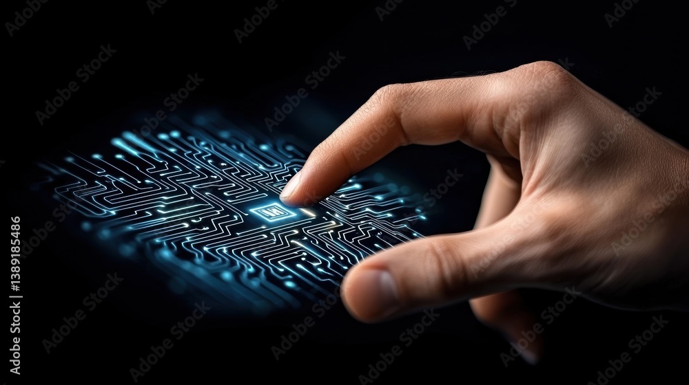 Poster a human hand interacts with a glowing circuit board, representing the connection between technology 