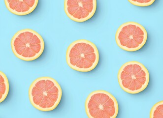 Grapefruit background, fresh grapefruits cut in half pattern, close up, top view. Flat lay of red grapefruit slices. Top-down composition with copy space for design or text.