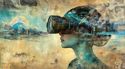 Artistic rendering of a woman wearing a vr headset with a cityscape overlayed on her face