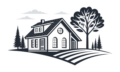 Real Estate House Logo. White and black House Symbol Geometric Linear Style isolated on Double Background. Architecture and Building Logos. Flat Vector Logo Design Template Element.