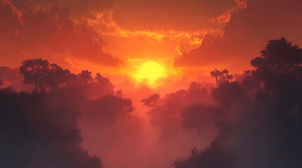 Fiery sunset over misty forest.