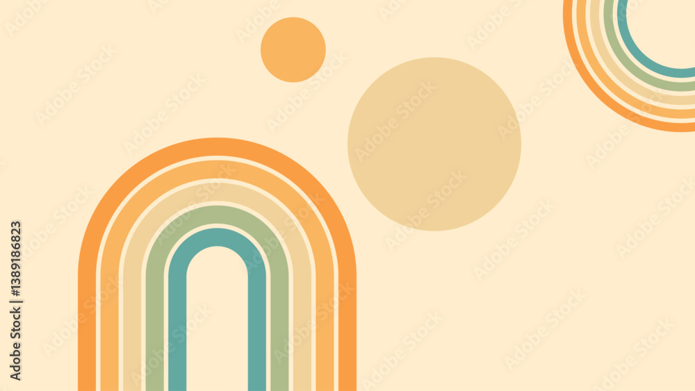 Wall mural abstract background of rainbow and sun groovy wavy line design in 1970s hippie retro style. vector p