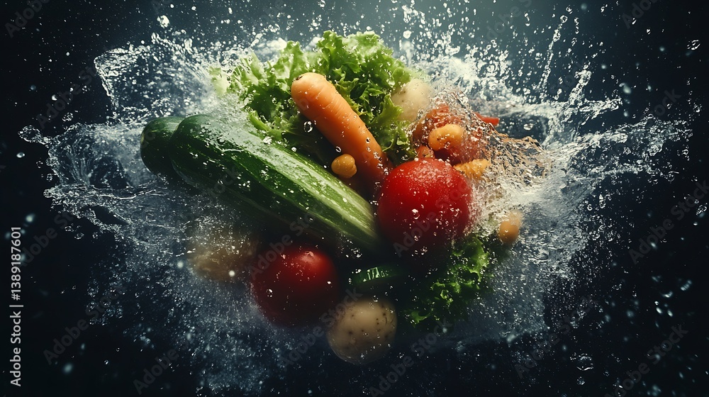 Poster An exquisite splash of fresh vegetables in water creating a dynamic scene of healthy food and vitality : Generative AI