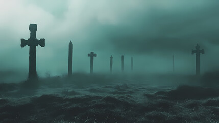 An ancient battlefield covered in fog, where the ghosts of fallen soldiers still roam. the faint clang of swords and the whispers of forgotten warriors fill the air. Faint Whispers. Illustration
