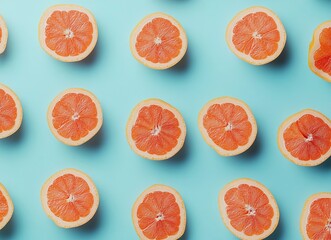 Grapefruit background, fresh grapefruits cut in half pattern, close up, top view. Flat lay of red grapefruit slices. Top-down composition with copy space for design or text.