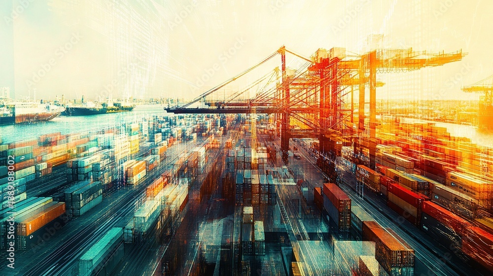 Aufkleber double exposure of busy port with cargo containers and cranes