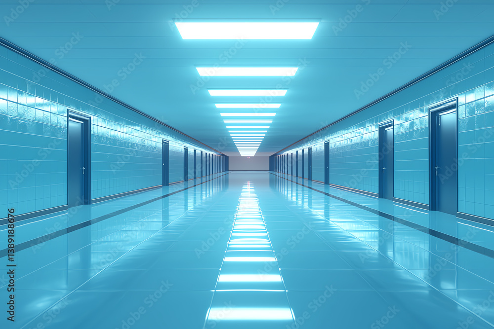 Aufkleber A modern, luminous corridor with reflective floors and blue walls, creating a serene and futuristic atmosphere for various uses.