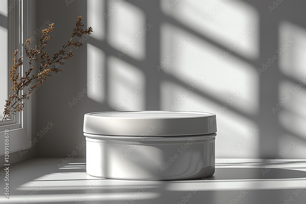 Poster A minimalistic white container resting on a table, illuminated by natural light filtering through elegant window shadows.