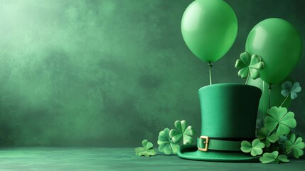 St. Patrick's Day party invitation template with green hat, clovers, and balloons in Irish colors, featuring a text space
