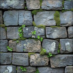 Moss-covered stone wall in gray tones