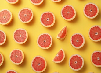Grapefruit background, fresh grapefruits cut in half pattern, close up, top view. Flat lay of red grapefruit slices. Top-down composition with copy space for design or text.