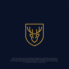 Elegantly Minimalist Deer Emblem Design: A Contemporary Graphic Illustration with a Golden-Line Deer Silhouette Framed in a Shield on a Blue Backdrop, Aesthetic Symbolism