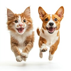 Obraz premium A happy kitten and dog jumping with joyful expressions together
