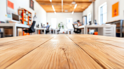 A modern office setting with wooden desk perspective, showcasing a collaborative workspace filled with creative energy.