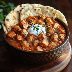 Chicken tikka masala with naan and herbs