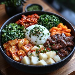 Korean-style rice bowl with meat and egg