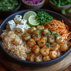 rilled shrimp with rice and lime slices