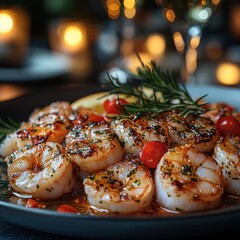 Grilled shrimp and vegetables on elegant plate