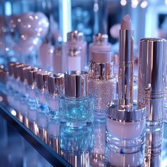 Perfume bottles arranged on glass shelf
