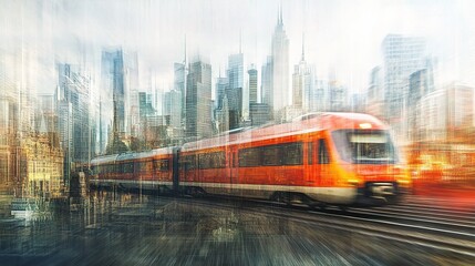 Fototapeta premium Dynamic City Skyline Overlaid with Train Motion in Urban Environment