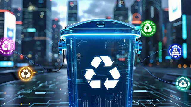 Futuristic digital recycling concept with a high-tech blue recycling bin in a smart city environment and virtual environmental icons surrounding it

