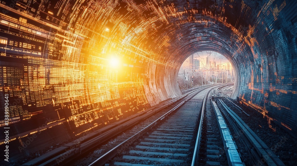 Poster cargo train emerging from tunnel with light and data visualization