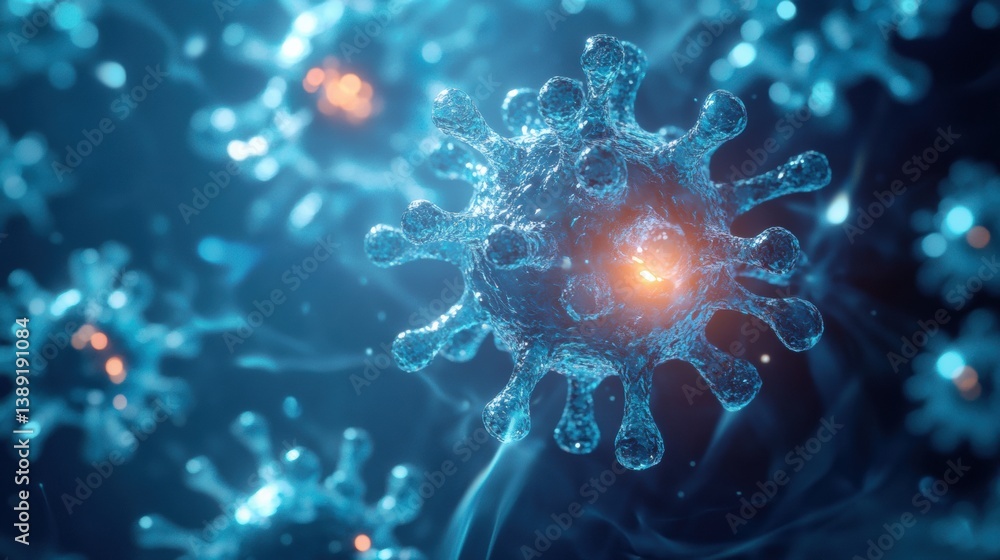 Fototapete detailed 3d rendering of aav virus particle showcasing protein lattice and bioluminescent glow in a 