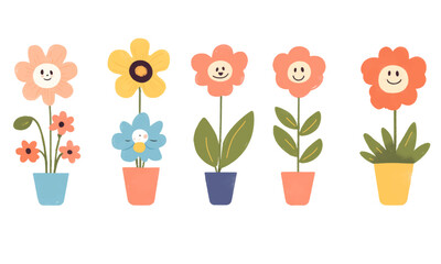 Set of spring and summer hand drawn flowers. Floral elements, wildflower, leaves and herb, plants, foliage on white background. Collection spring blossom icons. Vector flat illustration 