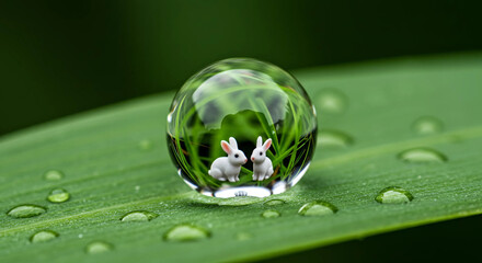 A crystal clear drop of water on a green leaf, reflecting a miniature world including two little white rabbits and green grass.