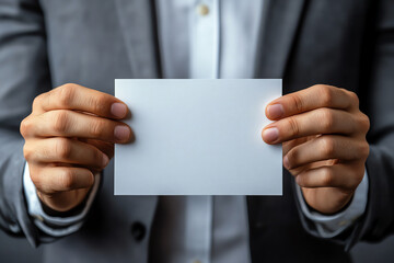 Fototapeta premium A professional person holds a blank card, symbolizing opportunity, potential, or a fresh start in a business context.