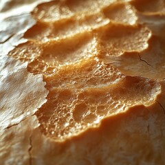A close-up of the rough, porous texture of freshly baked bread crust