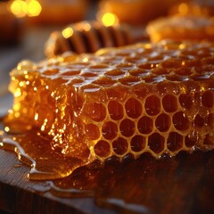 Honeycomb with golden honey dripping