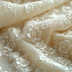 A macro shot of delicate lace fabric, intricate floral patterns