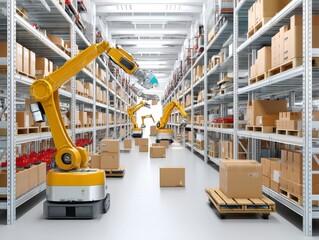 Fototapeta premium Modern Warehouse with Robotic Arms for Automated Logistics Solutions