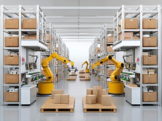 Modern Warehouse with Robotic Arms and Organized Storage Solutions