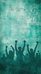Silhouetted crowd rejoicing, arms raised against an abstract teal textured background