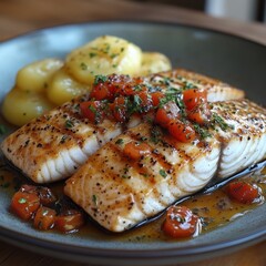 Grilled fish with potatoes and tomato salsa